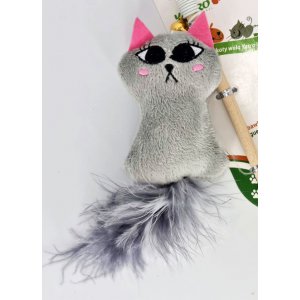 Yarro | Zabawka dla kota | Wędka z pluszowym kotkiem i piórkami na gumce 35cm